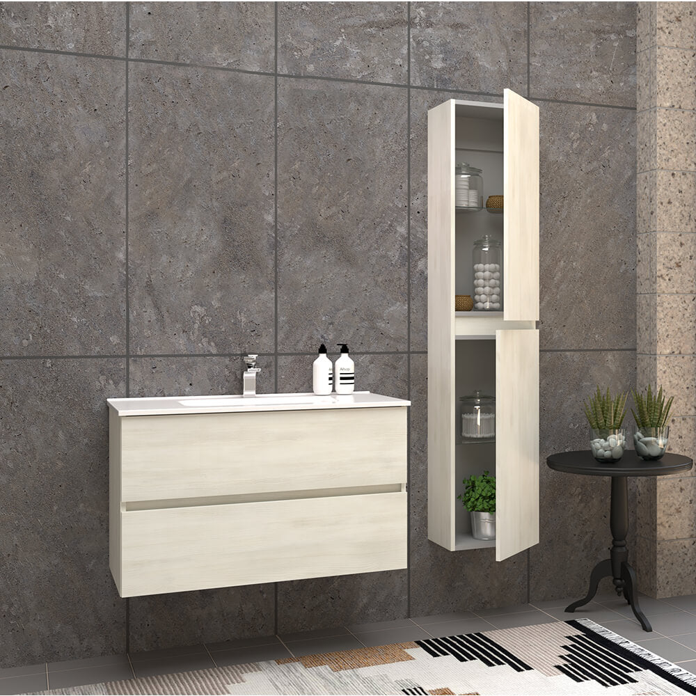Mobile per bagno 90 cm bianco larice sospeso doppio cassetto Mod. Roxy Arcshop