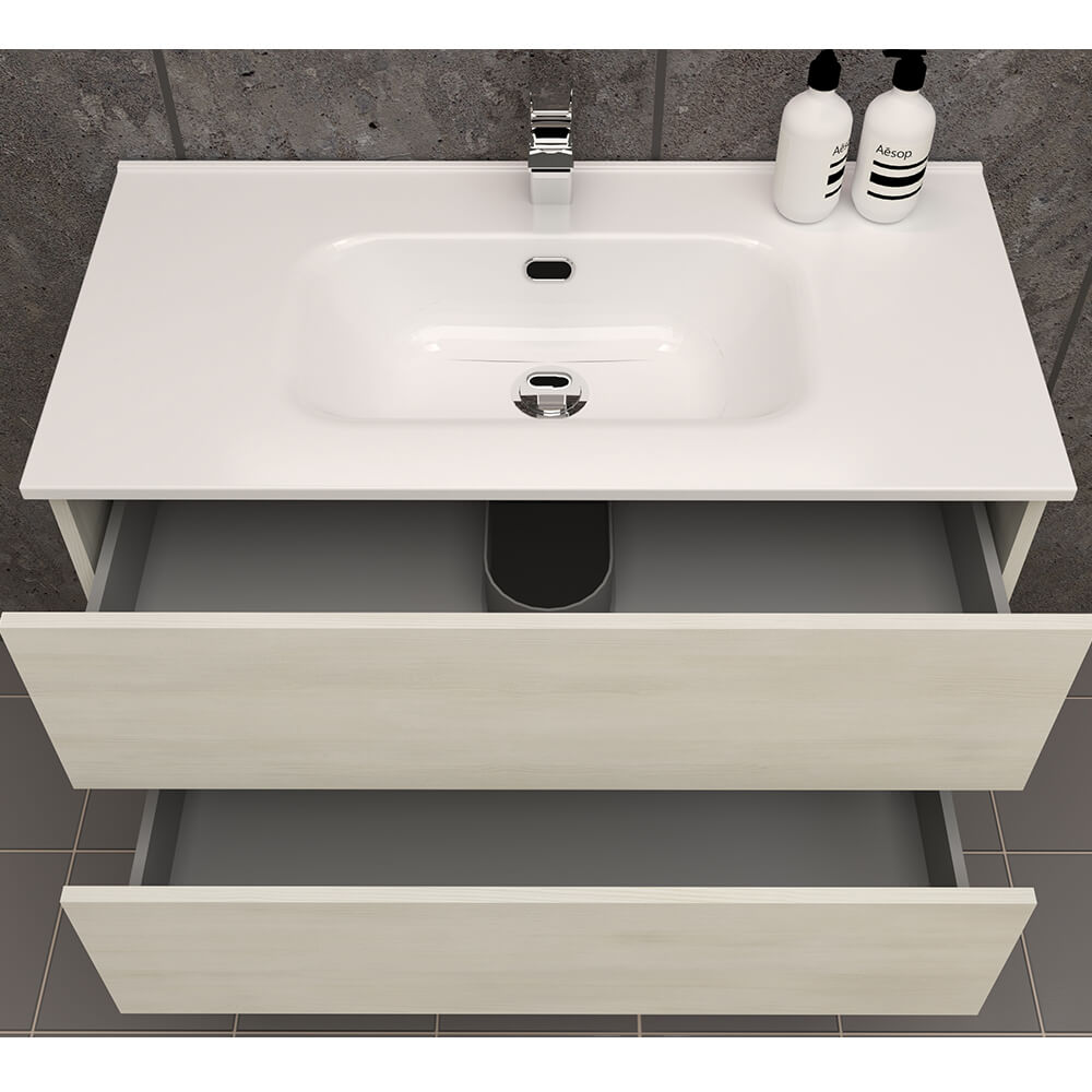 Mobile per bagno 90 cm bianco larice sospeso doppio cassetto Mod. Roxy