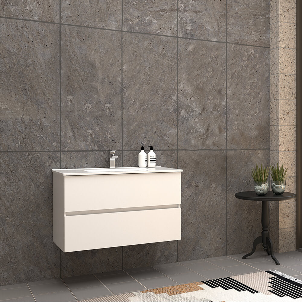 Mobile bagno 90 cm sospeso bianco lucido a doppio cassetto Roxy