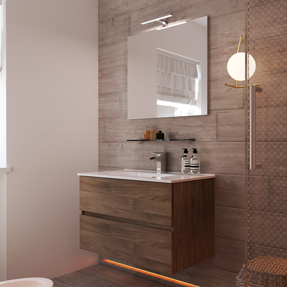 Mobile bagno sospeso Noce 90 cm doppio cassetto Arcshop