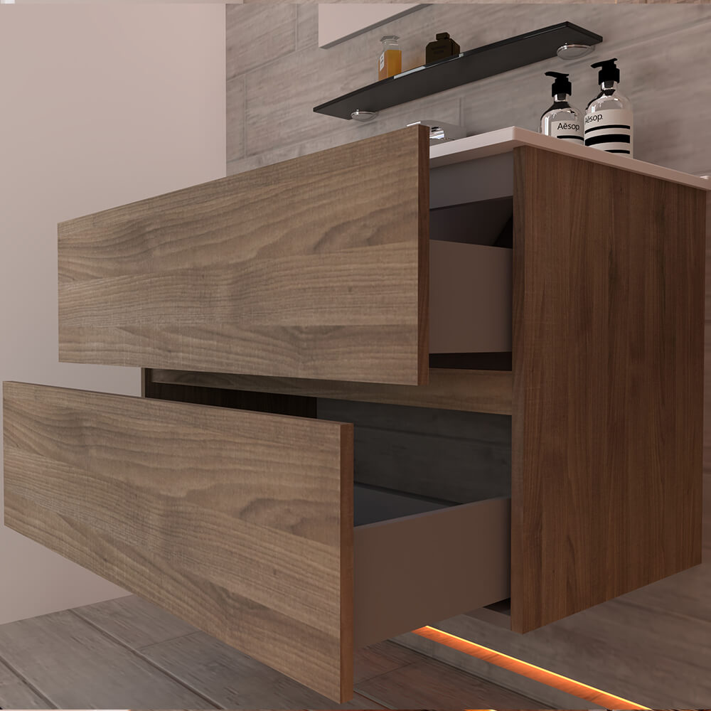 Mobile bagno sospeso Noce 90 cm doppio cassetto Arcshop