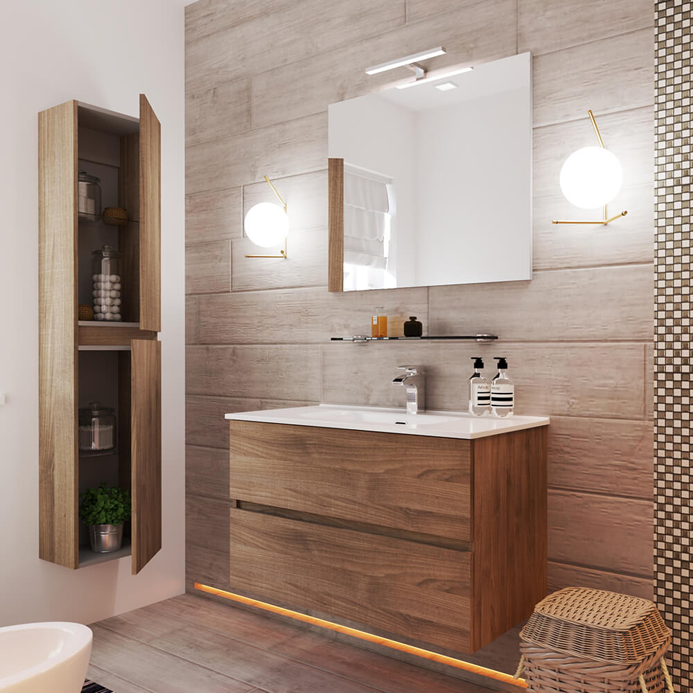 Mobile bagno sospeso Noce 90 cm doppio cassetto Arcshop