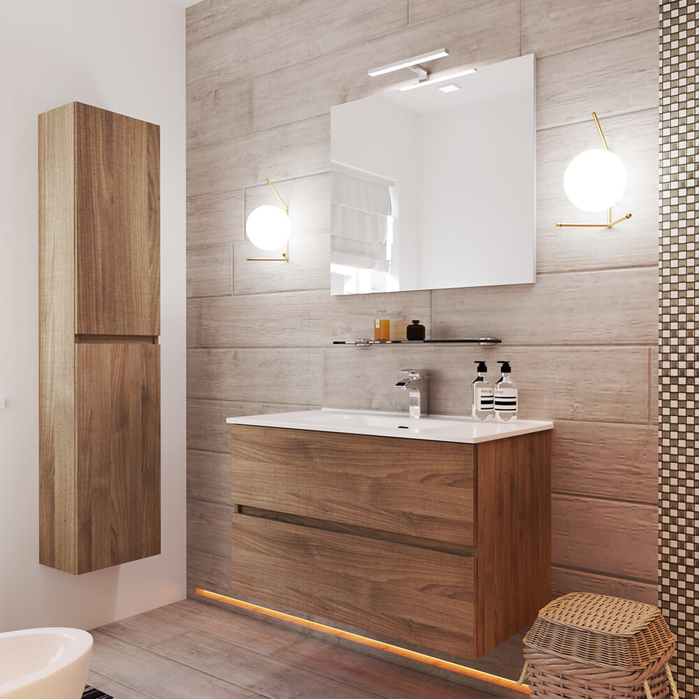 Mobile bagno sospeso Noce 90 cm doppio cassetto Arcshop