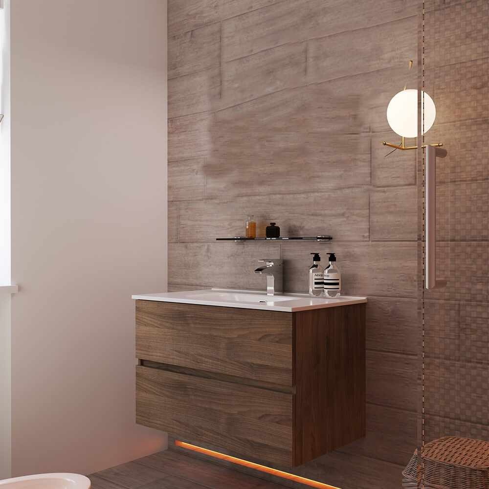 Mobile bagno sospeso Noce 90 cm doppio cassetto Arcshop