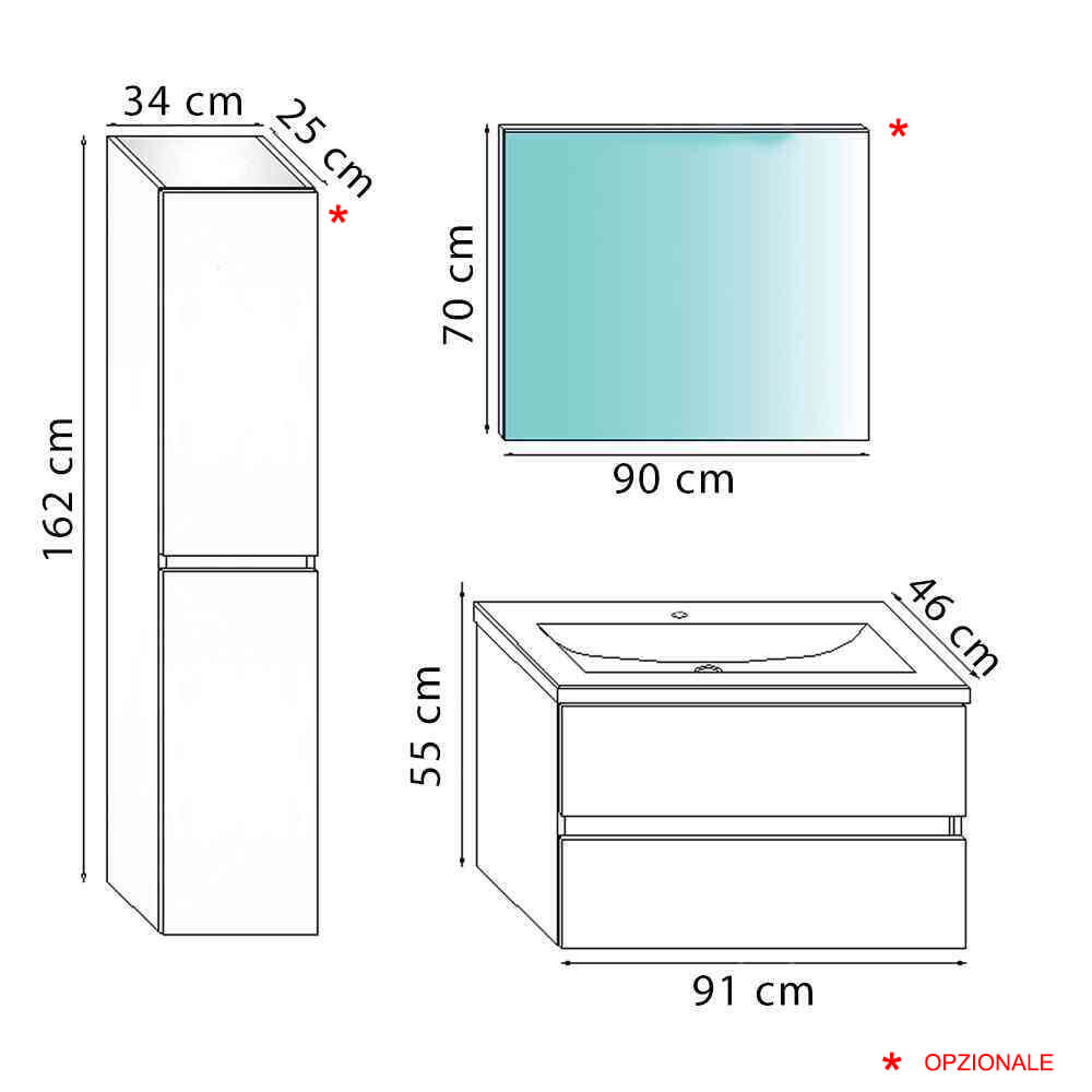 Mobile bagno sospeso Noce 90 cm doppio cassetto