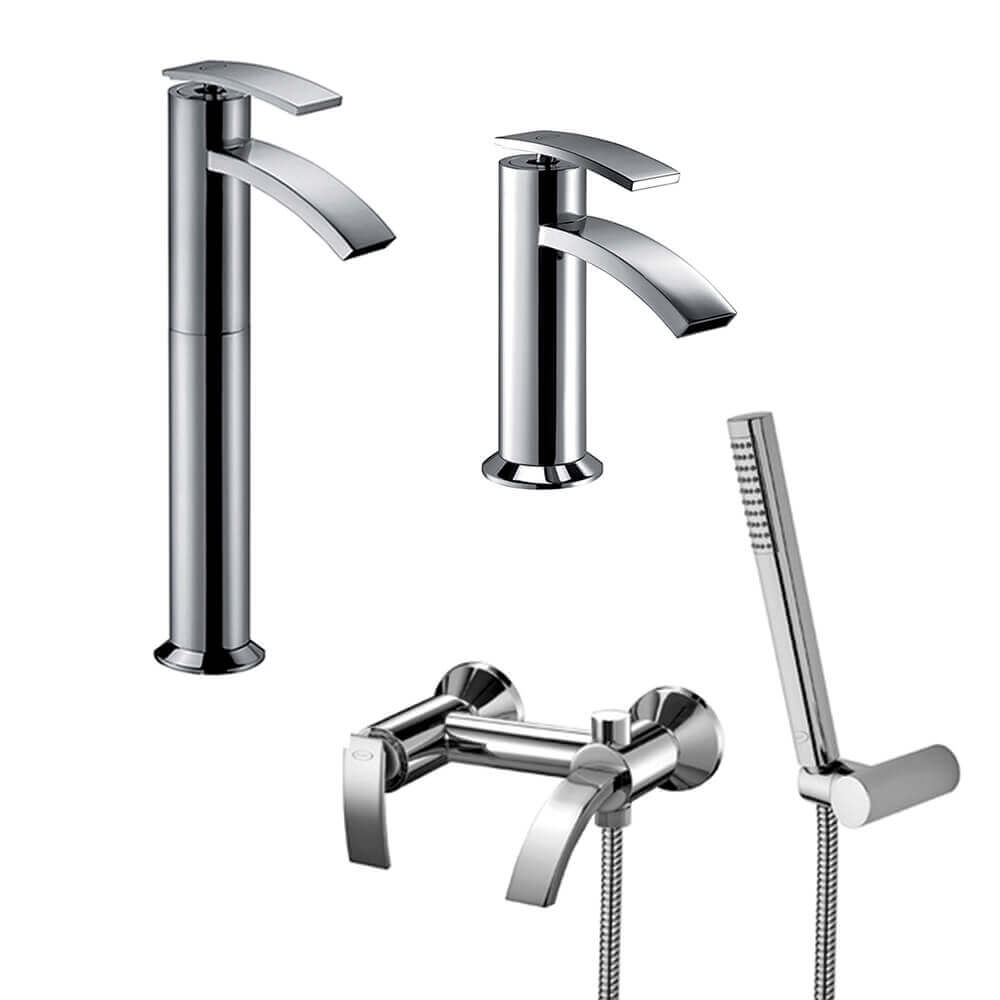Set miscelatori lavabo alto + bidet + gruppo vasca Jacuzzi | rubinetteria Ray ottone cromato per piletta click clack Arcshop