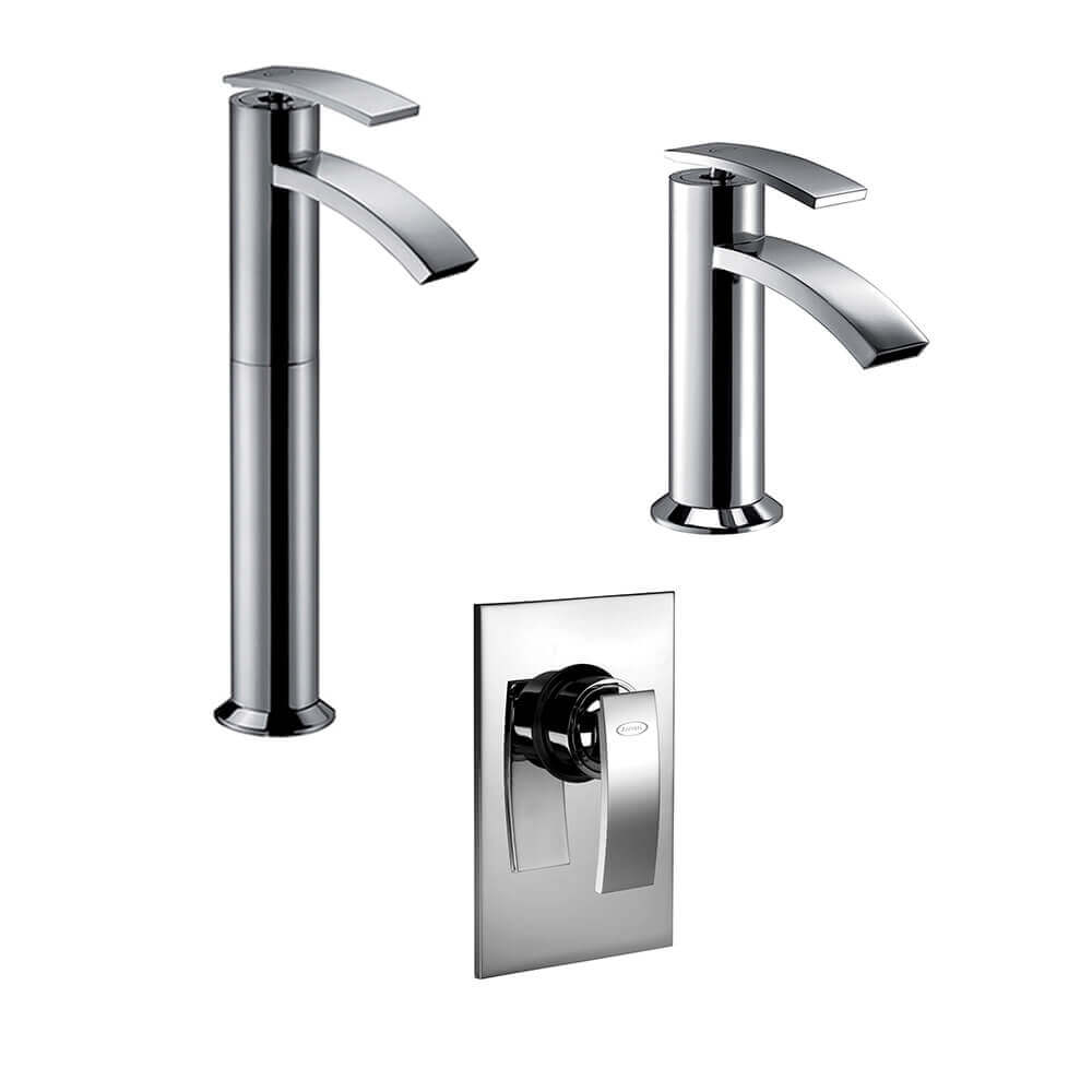 Set miscelatori lavabo alto + bidet + incasso doccia Jacuzzi | rubinetteria Ray ottone cromato per piletta click clack