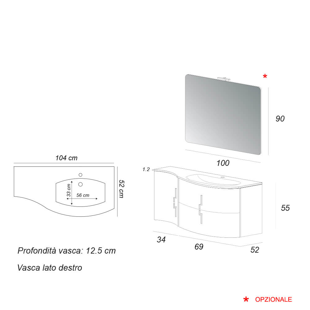 Mobile bagno sospeso rosso lucido 105 cm