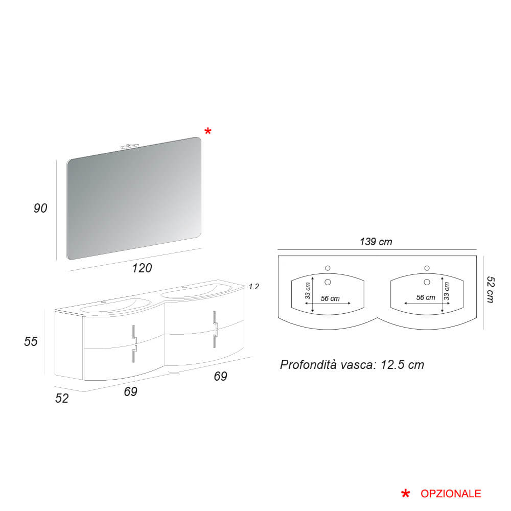 Mobile bagno rosso lucido doppio lavabo 140 cm sospeso Arcshop