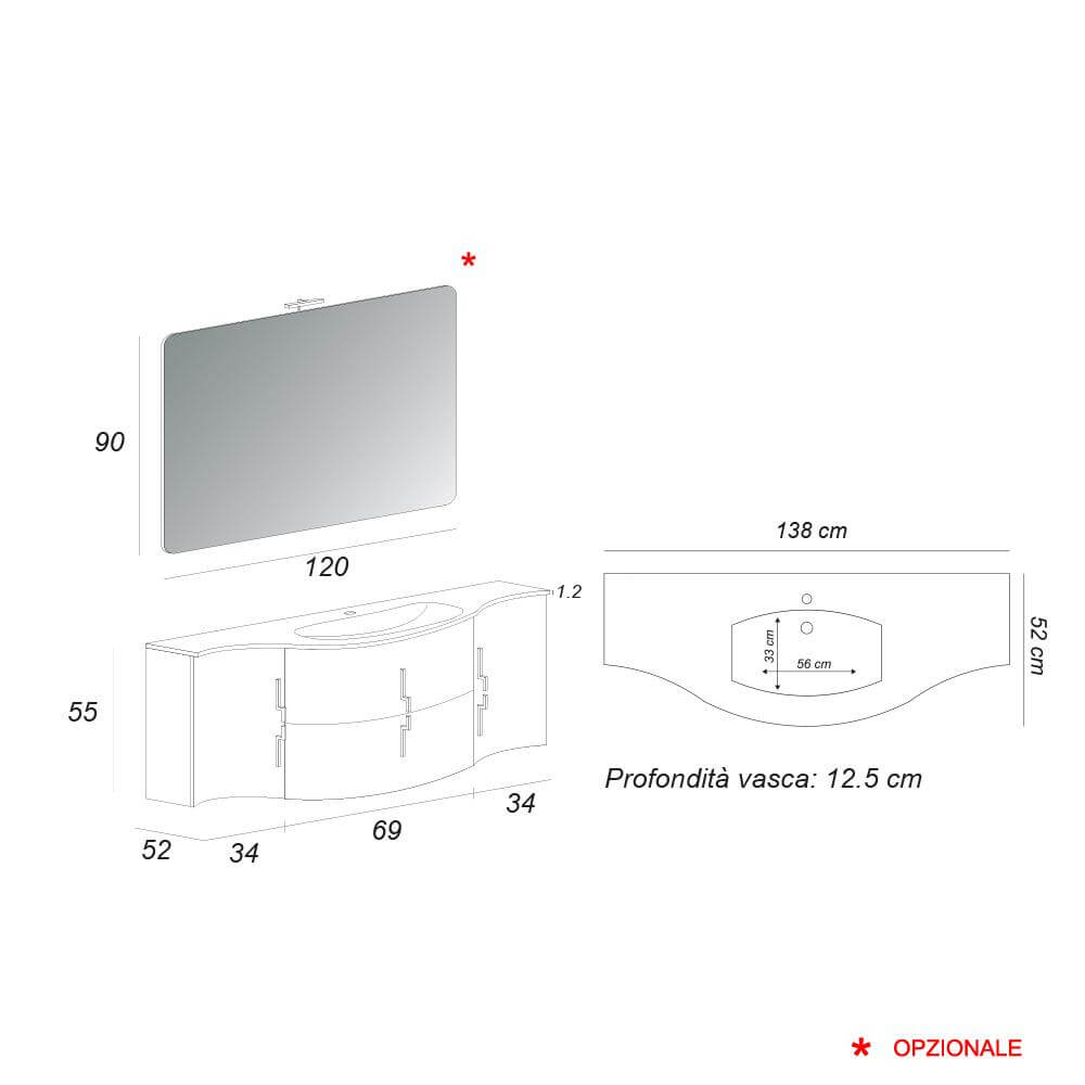 Mobile bagno rosso lucido sospeso Praga 140 cm Arcshop