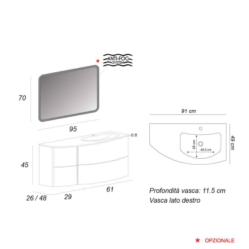 Mobile bagno Rio 90 Bianco opaco sospeso asimmetrico design curvo