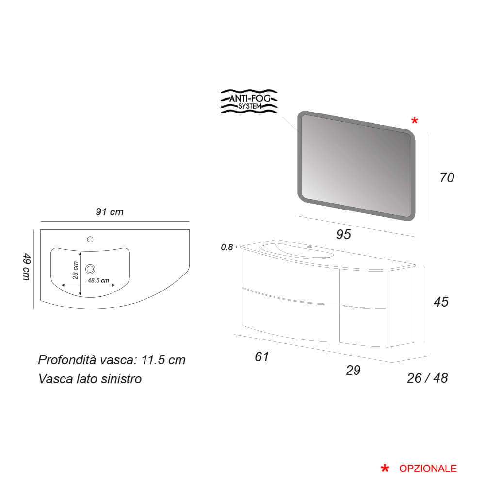 Mobile da bagno Rovere tabacco sospeso 60 cm Rio curvo asimmetrico