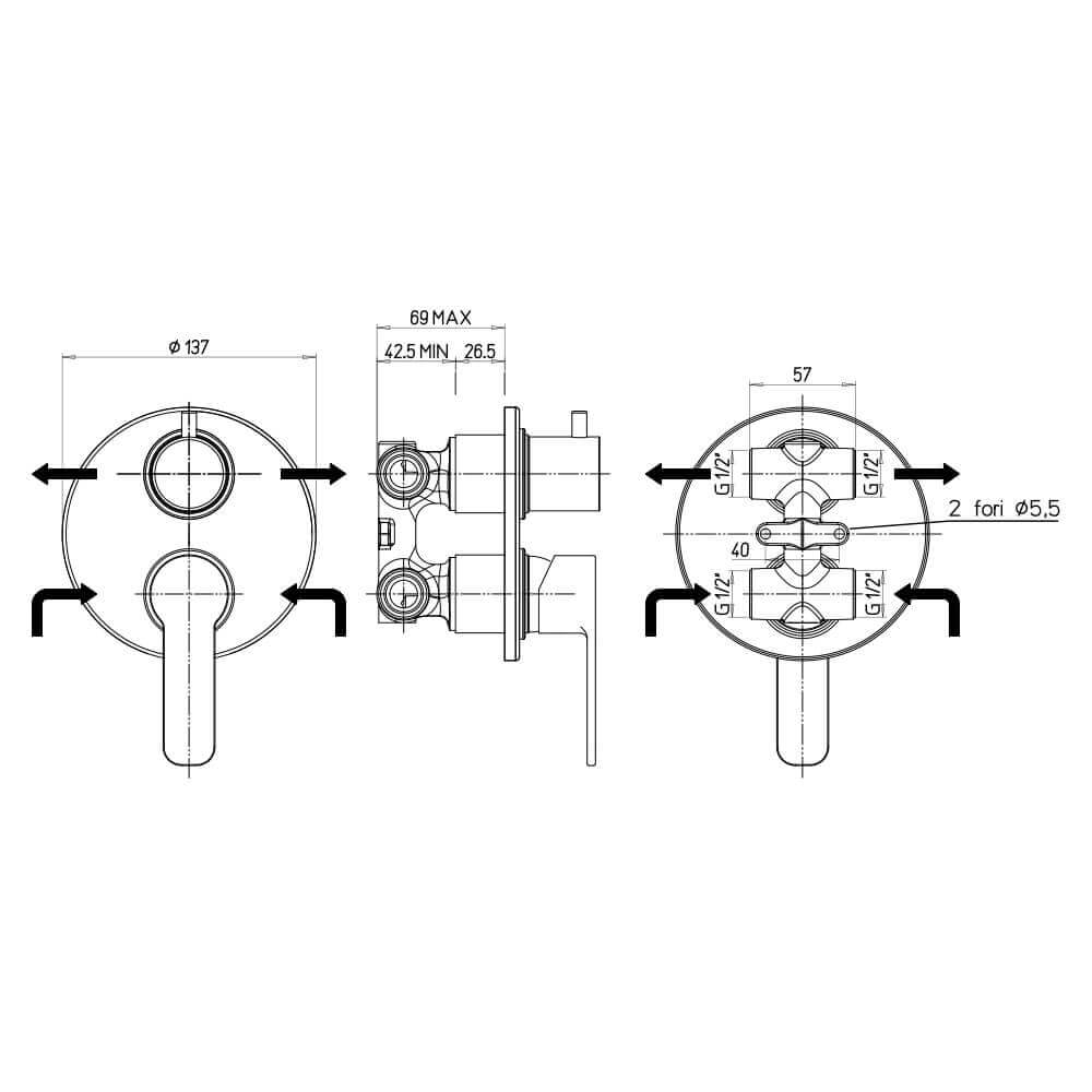 Set miscelatori lavabo + bidet + incasso doccia con deviatore Jacuzzi | rubinetteria Eolo ottone cromato per piletta click clack Arcshop