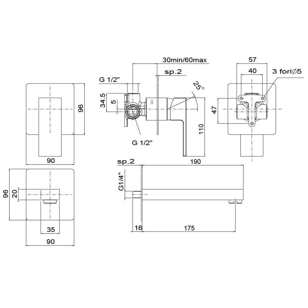 Miscelatore a muro per lavabo nero opaco Jacuzzi Rubinetteria serie Twinkle Arcshop