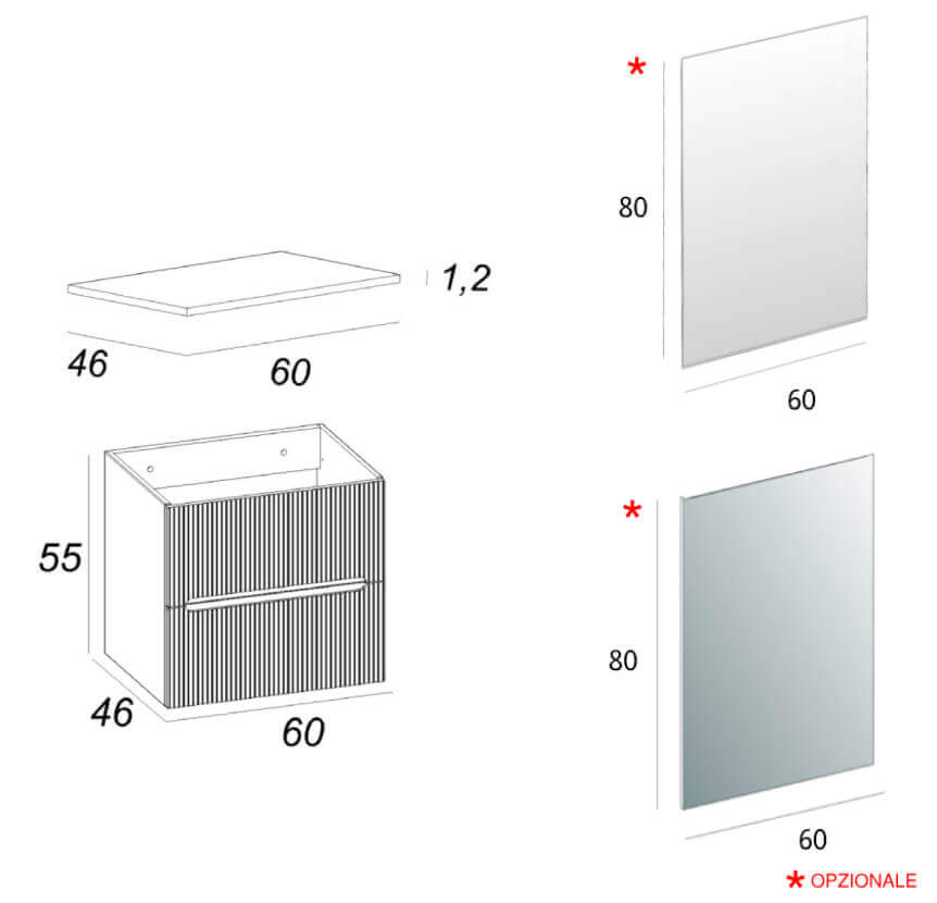 Mobile bagno noce 60 cm cannettato per lavabo da appoggio Palermo Arcshop