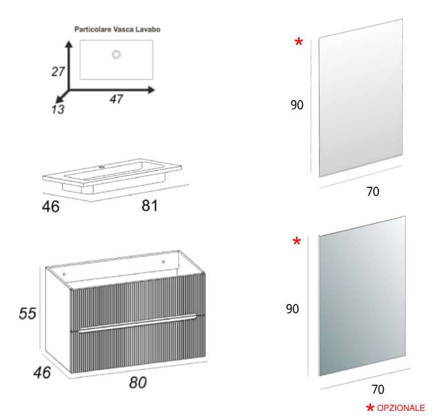 Mobile da bagno verde opaco cannettato 80 cm Riga