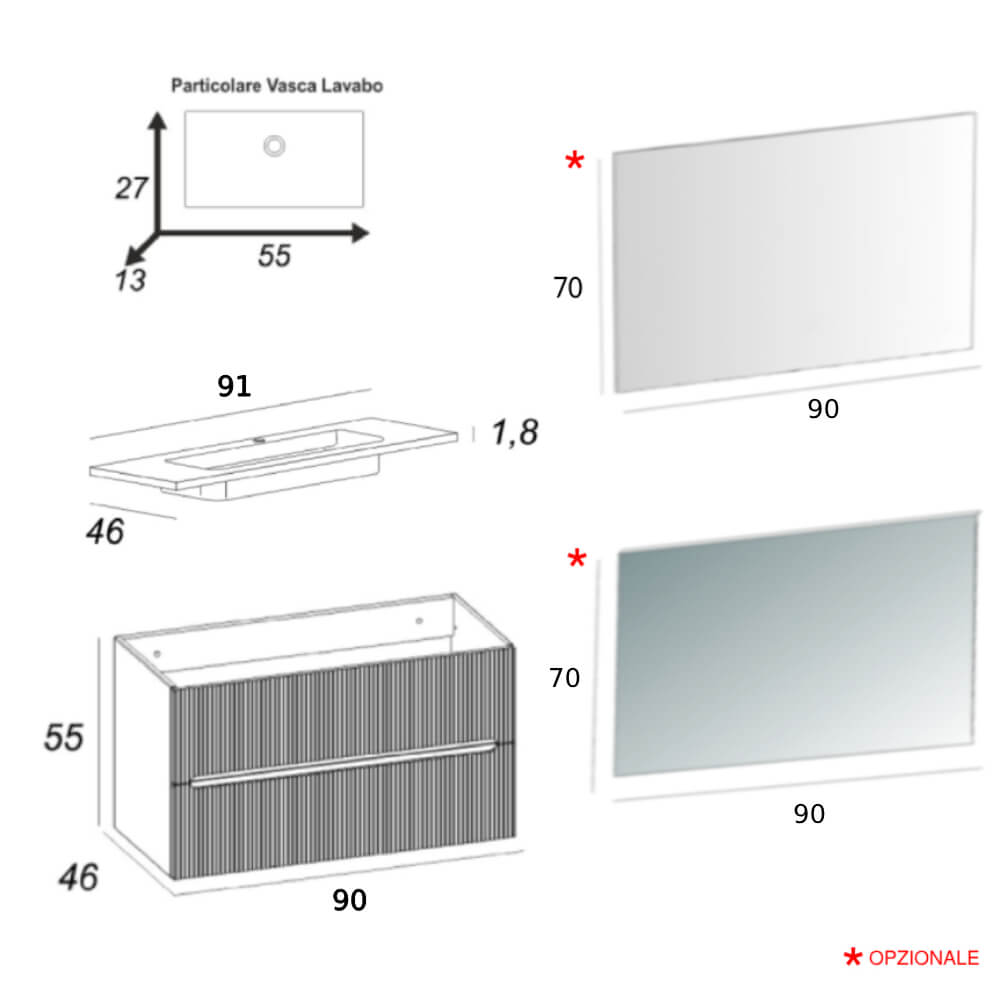 Mobile bagno 90 cm Plissè finitura Noce Mod. Riga Arcshop