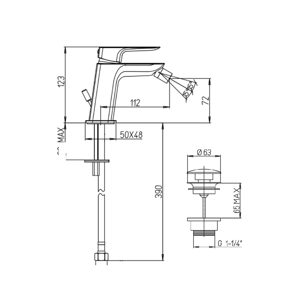 Miscelatore bidet con piletta Click Clack INCLUSA forma quadra cromo