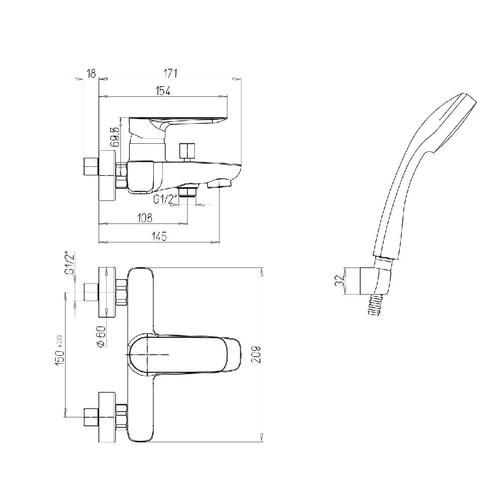 Miscelatore gruppo vasca con kit doccia forma quadra cromo