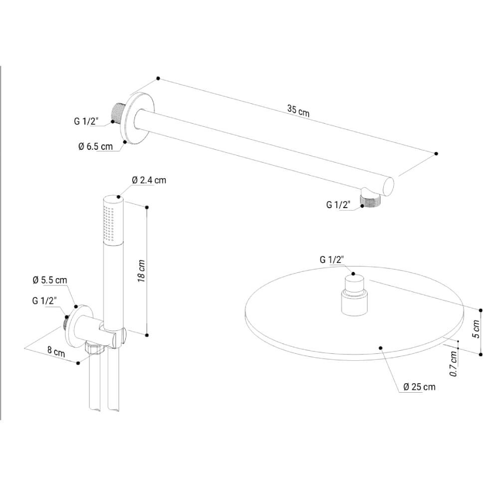 Kit Doccia Cromo con Soffione Tondo Ø 25 Slim, Braccio 35cm, Doccino e Presa Acqua in Ottone