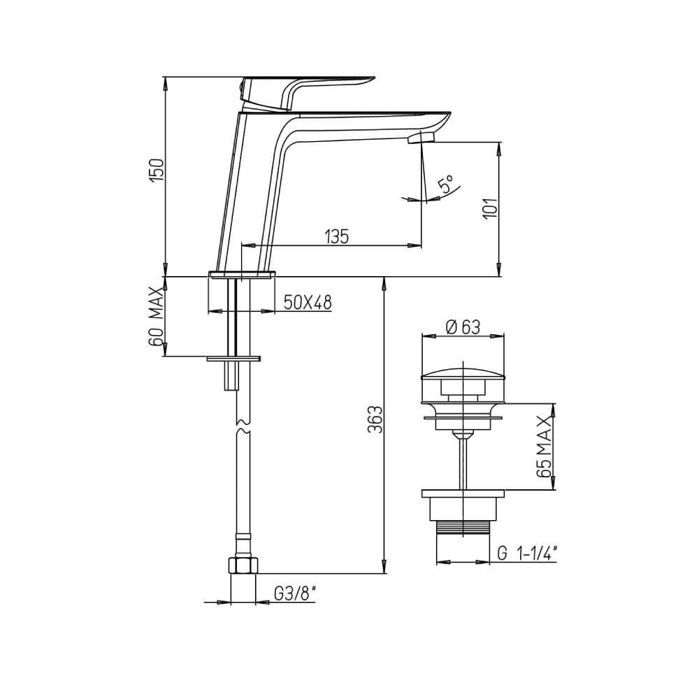 Miscelatore lavabo con piletta Click Clack INCLUSA forma quadra cromo