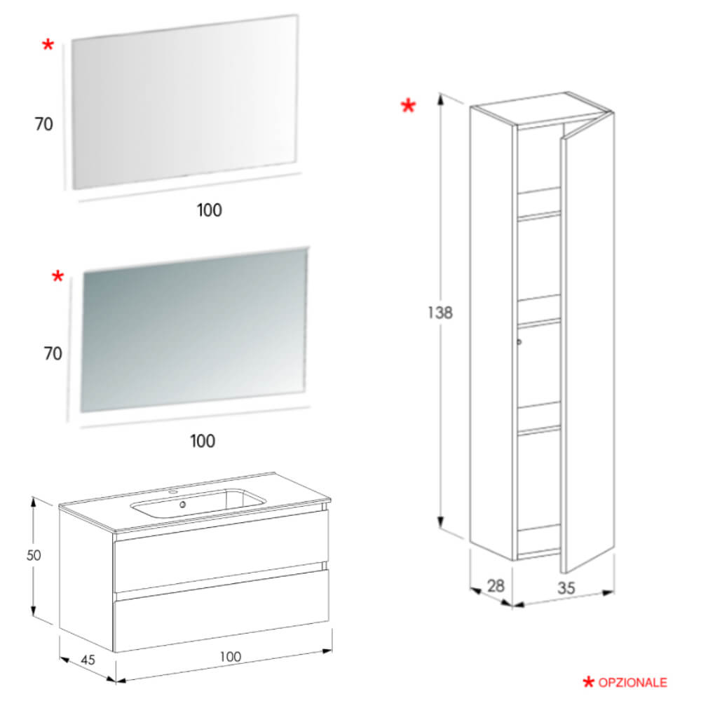 Mobile bagno Sospeso 100 cm Rovere con cassetti e lavabo in ceramica - Mod. Porto - Arcshop