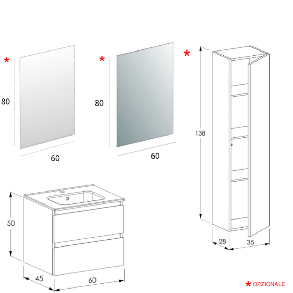 Mobile bagno Sospeso 60 cm Bianco Opaco con cassetti e lavabo in ceramica - Mod. Porto