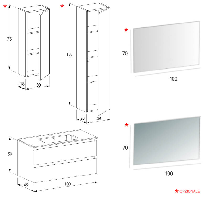 Mobile da bagno 100 cm sospeso Rovere - Sofia