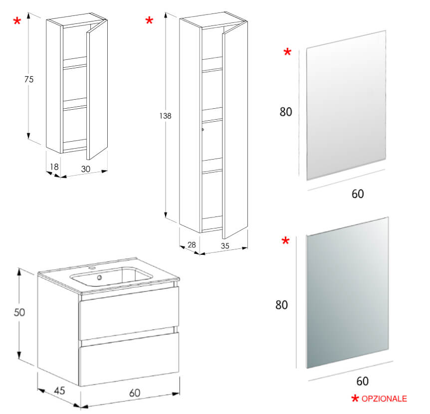 Mobile bagno 60 cm sospeso Bianco opaco - Sofia Arcshop