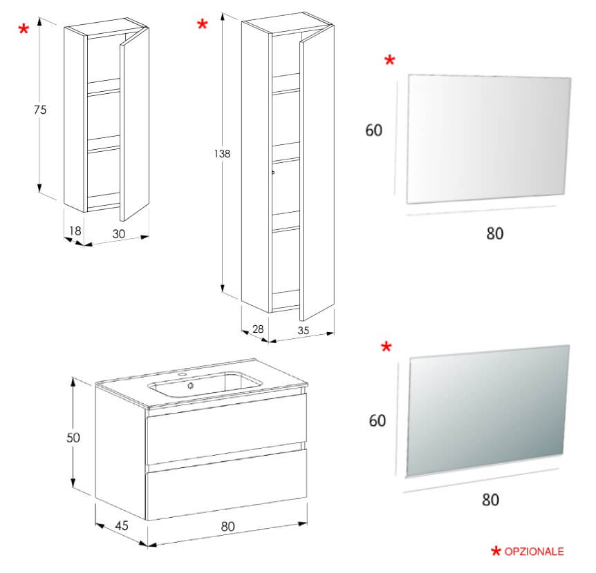 Mobile da bagno 80 cm sospeso Grigio - Sofia Arcshop