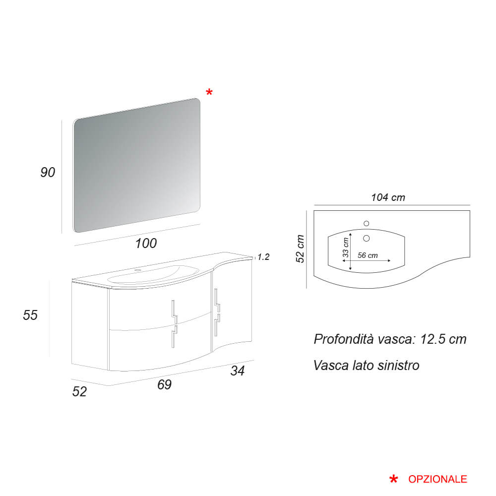 Mobile da bagno sospeso 105 cm Bianco lucido Arcshop