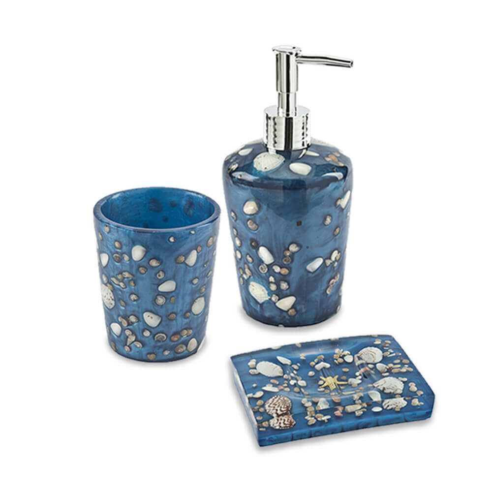 Set accessori da bagno 3 pezzi Antille azzurro Dispenser Bicchiere e Porta sapone Arcshop