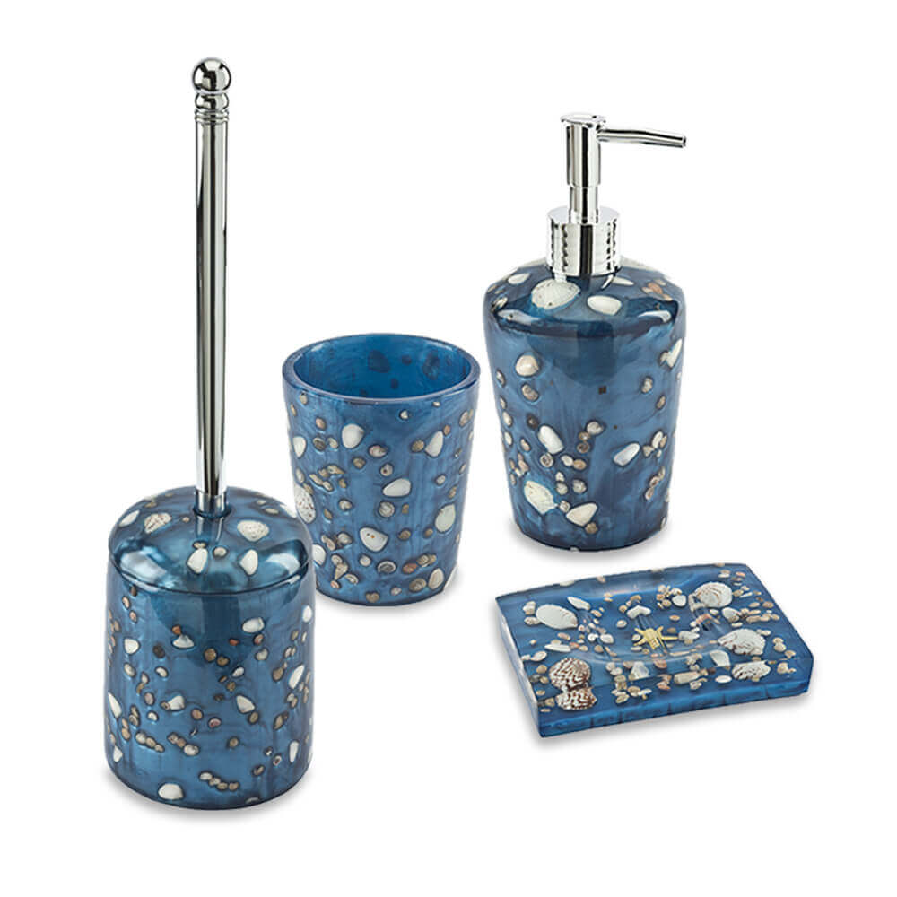 Set accessori da appoggio 4 pezzi Antille azzurro Dispenser Bicchiere Porta sapone e Scopino Arcshop