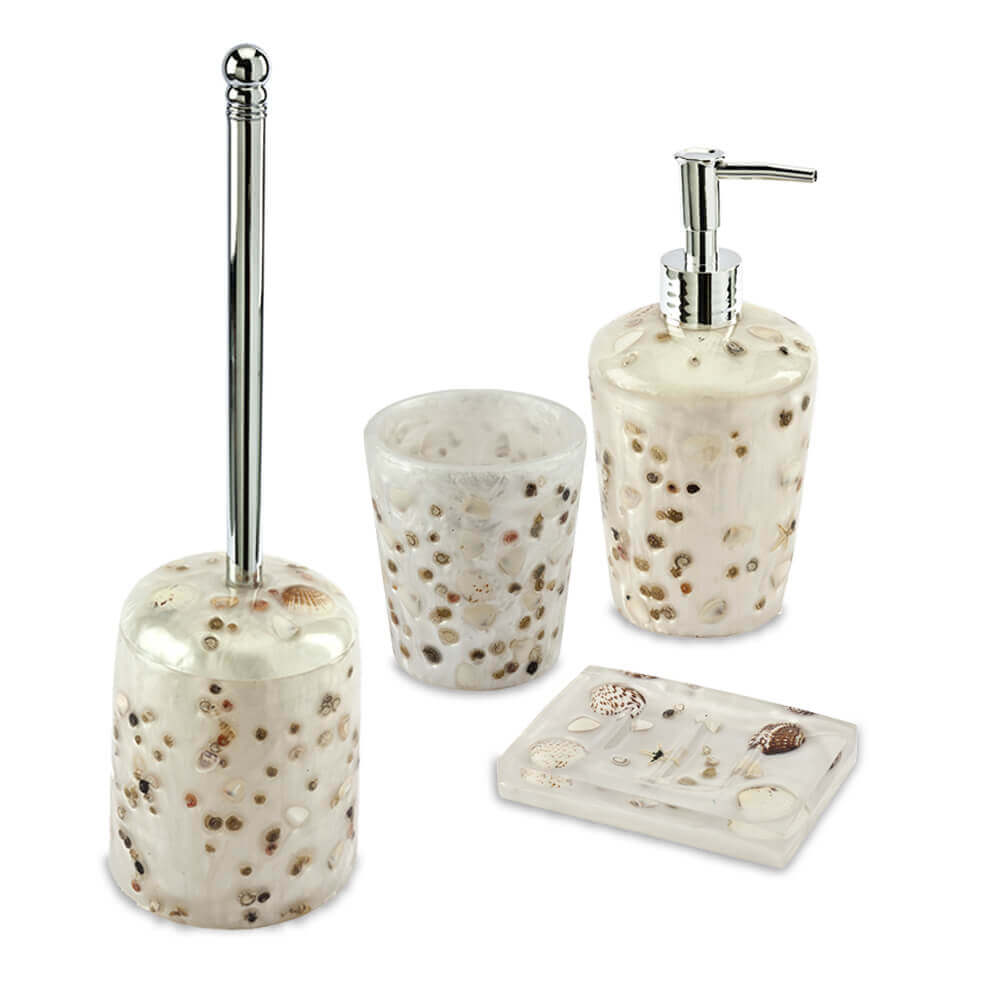 Set accessori da bagno 4 pezzi Antille Perla Dispenser Bicchiere Porta sapone e Scopino Arcshop