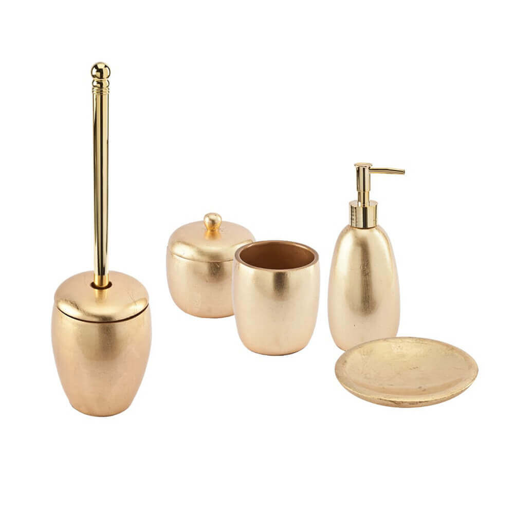 Set accessori da appoggio 5 pezzi Dispenser Bicchiere Porta sapone Porta cotone e Scopino finitura foglia oro Arcshop