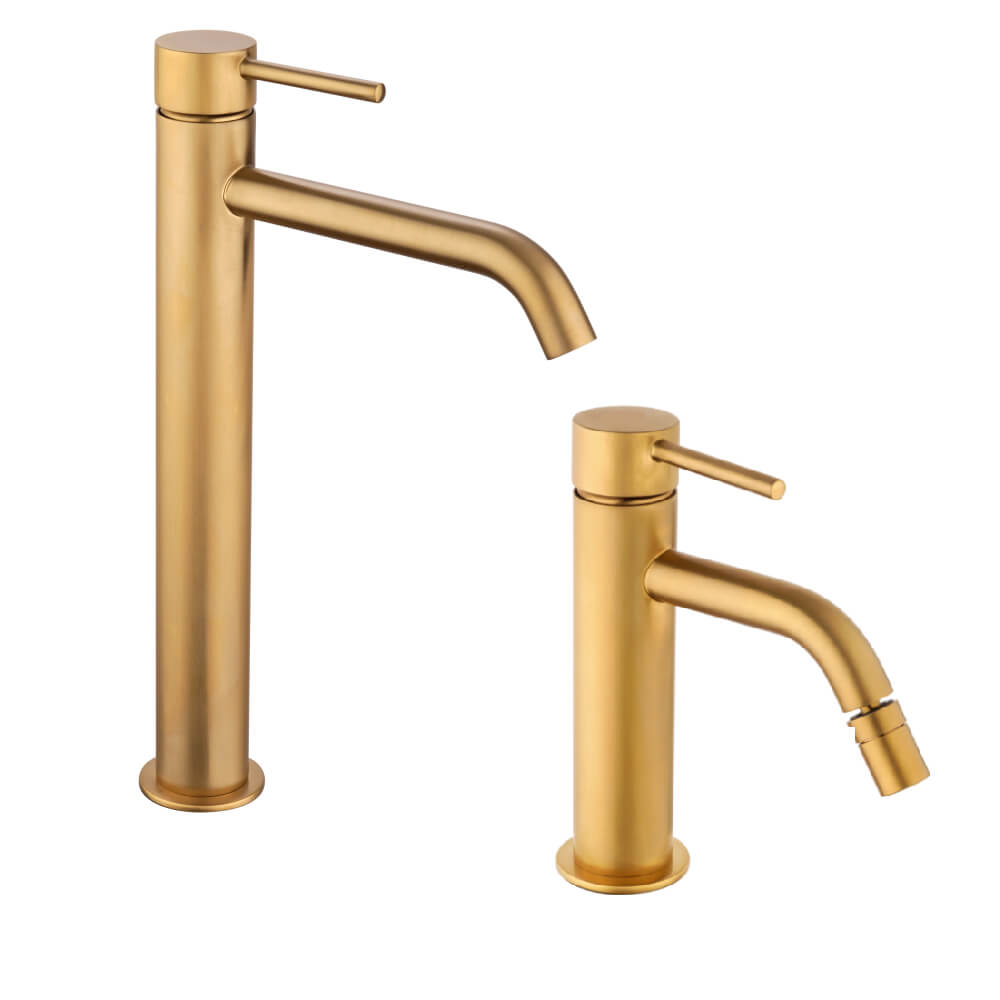 Set miscelatori lavabo alto e bidet con piletta click clack INCLUSA forma tonda oro spazzolato - Arcshop