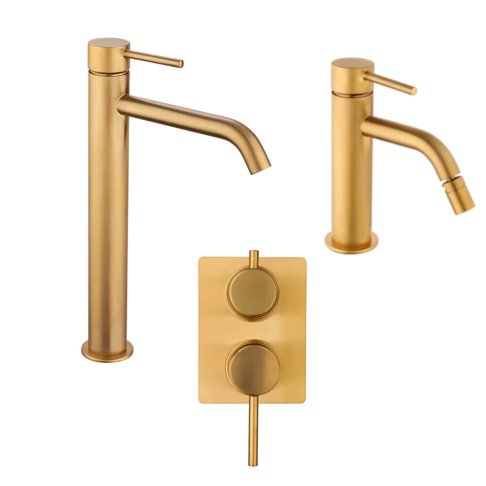 Set miscelatori incasso doccia con deviatore lavabo alto e bidet con piletta click clack INCLUSA forma tonda oro spazzolato - Arcshop