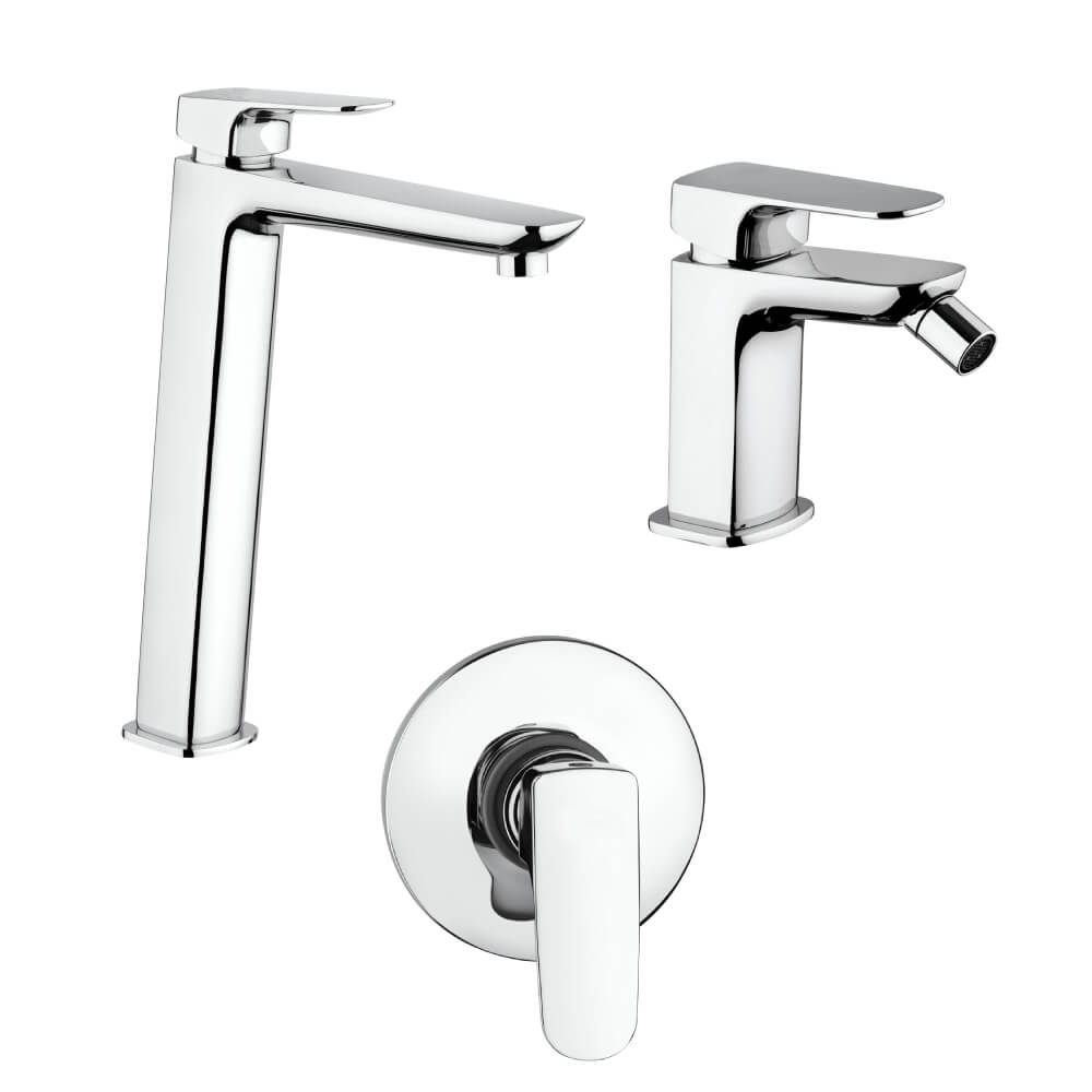 Set rubinetti incasso doccia una uscita lavabo alto e bidet con piletta click clack INCLUSA forma quadra cromo - Arcshop