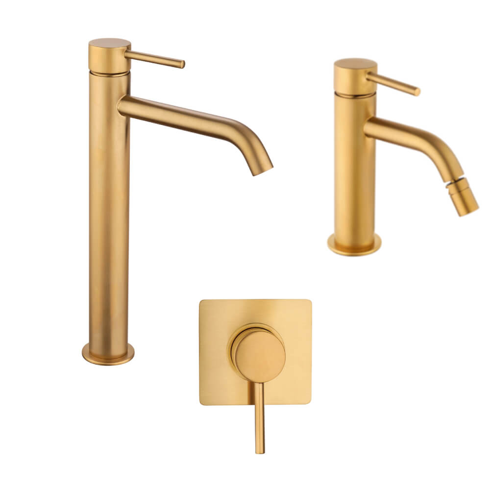 Set miscelatori incasso doccia una uscita lavabo alto e bidet con piletta click clack INCLUSA forma tonda oro spazzolato - Arcshop