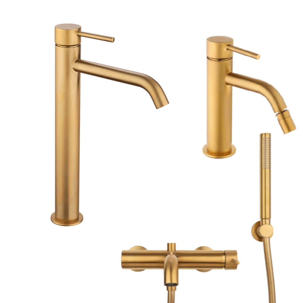 Set miscelatori gruppo vasca lavabo alto e bidet con piletta click clack INCLUSA forma tonda oro spazzolato - Arcshop