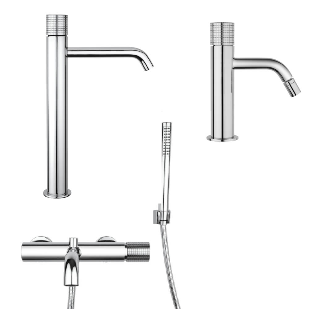Set miscelatori lavabo alto bidet e gruppo vasca con kit doccia Jacuzzi Rubinetteria Armonia Grip cromati per piletta click clack - Arcshop