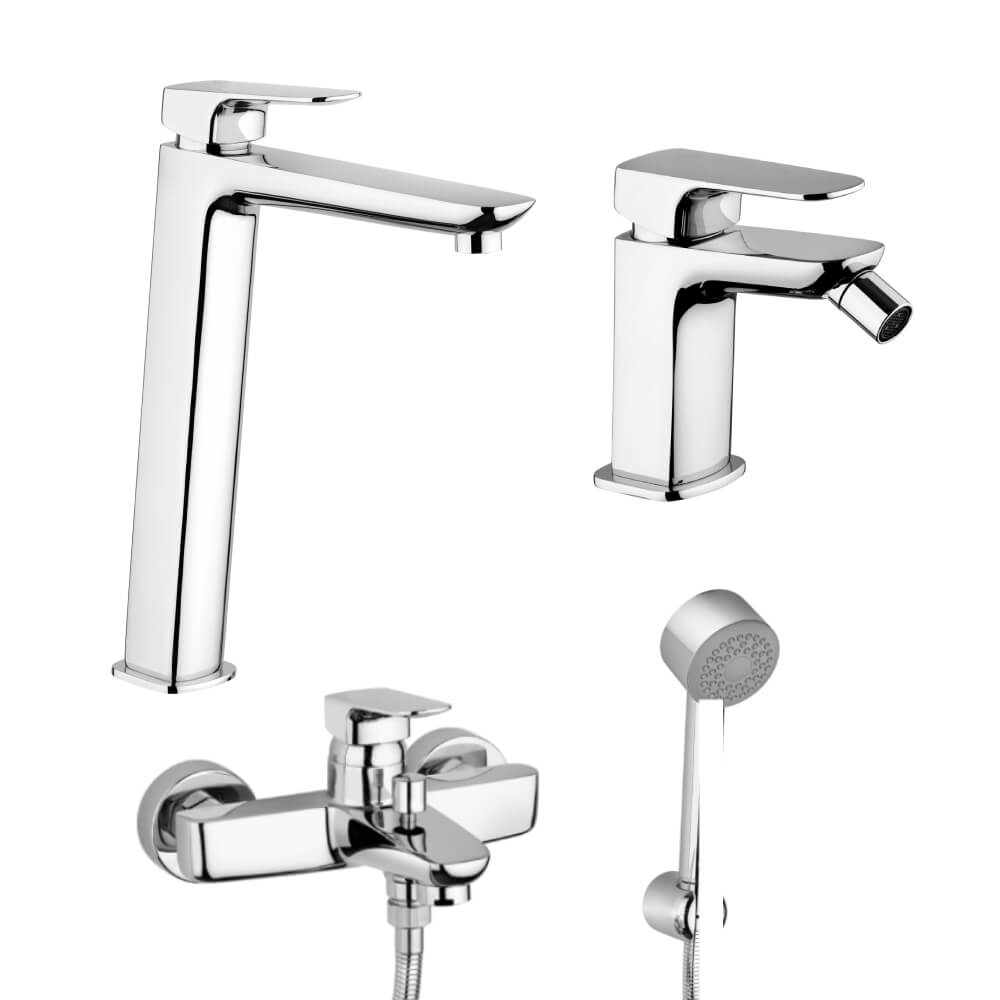 Set rubinetti gruppo vasca lavabo alto e bidet con piletta click clack INCLUSA forma quadra cromo - Arcshop