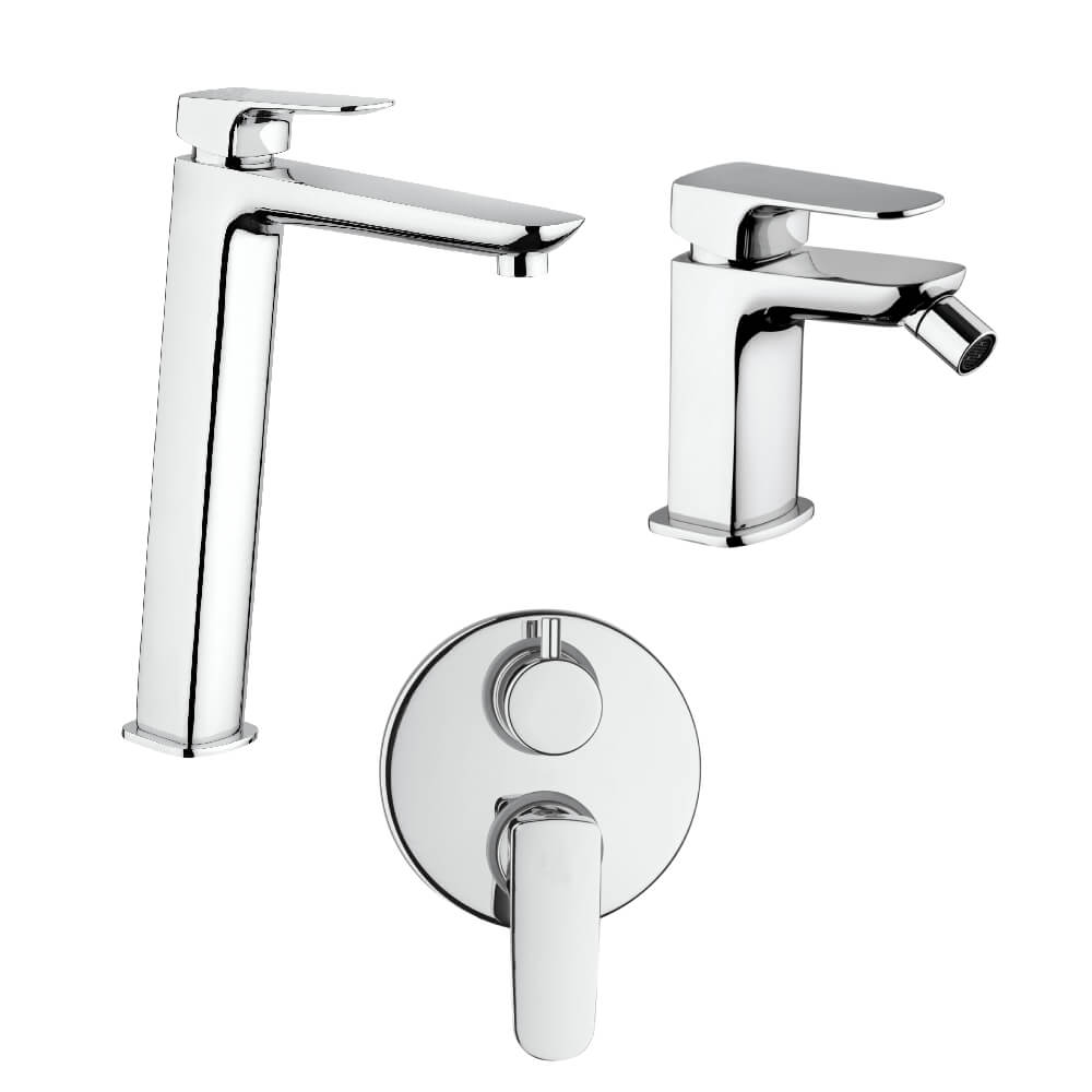 Set rubinetti incasso doccia con deviatore due uscite lavabo alto e bidet con piletta click clack INCLUSA forma quadra cromo - Arcshop