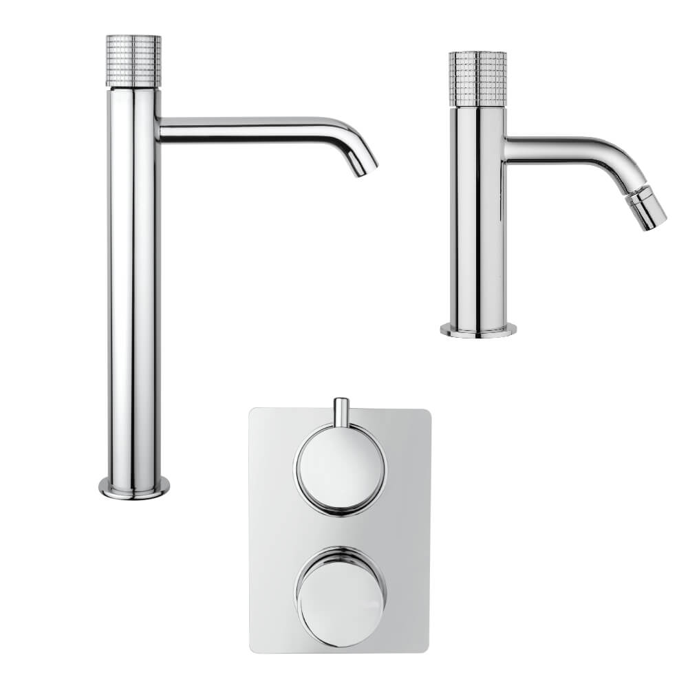 Set miscelatori lavabo alto bidet ed incasso doccia con deviatore due uscite Jacuzzi Rubinetteria Armonia Grip cromati per piletta click clack - Arcshop