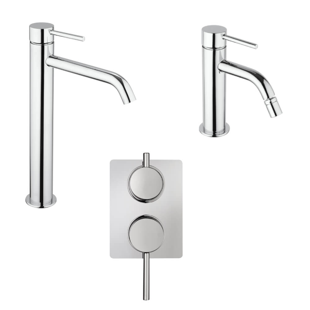 Set miscelatori incasso doccia con deviatore lavabo alto e bidet con piletta click clack INCLUSA forma tonda cromo - Arcshop
