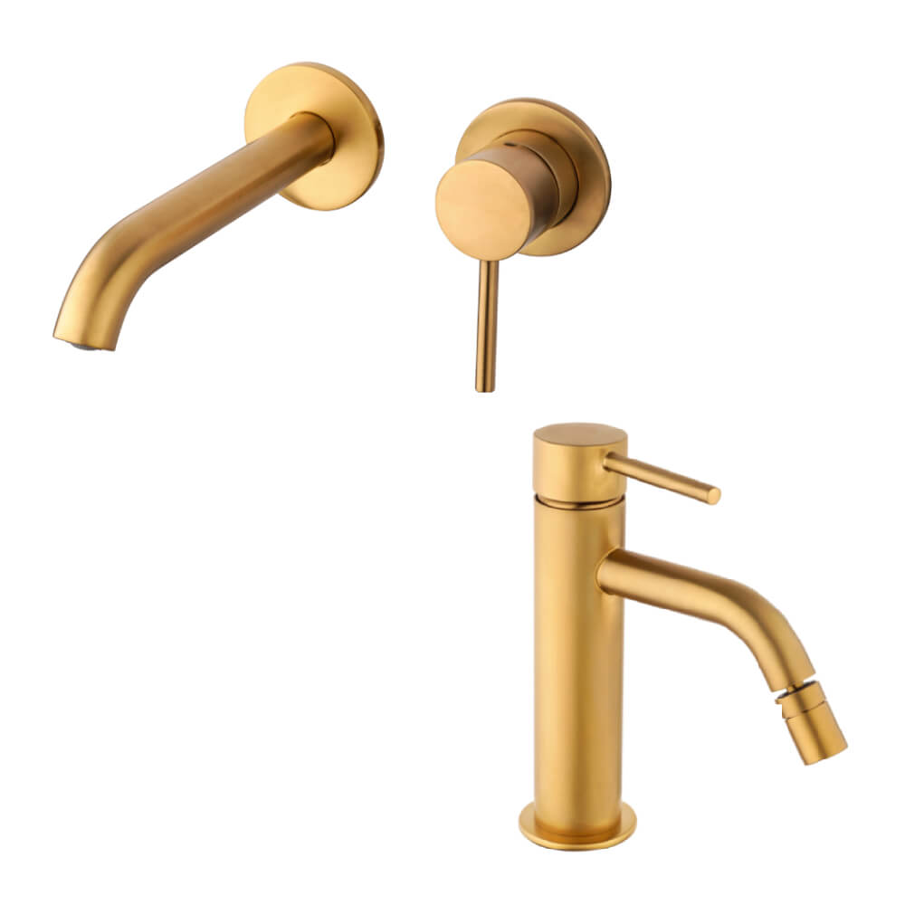 Set miscelatori lavabo a parete e bidet con piletta click clack INCLUSA forma tonda oro spazzolato - Arcshop