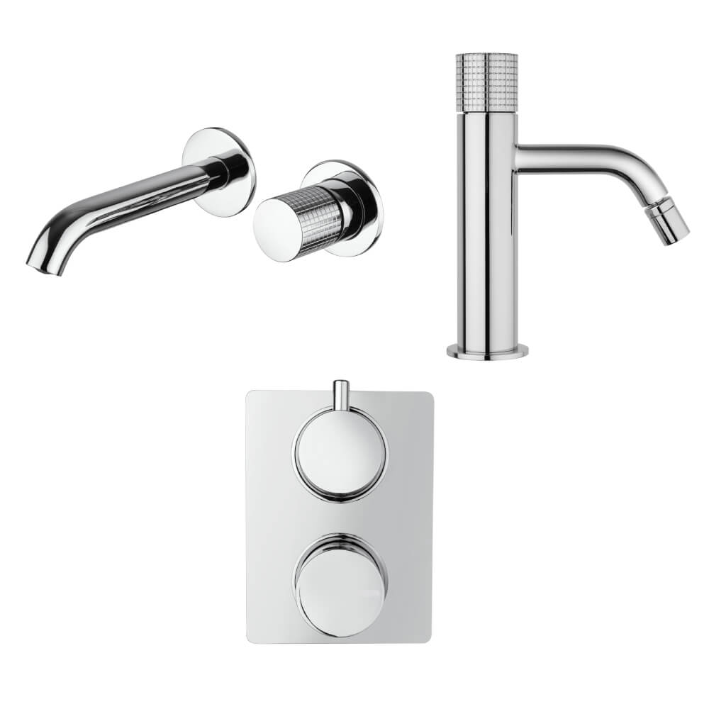 Set miscelatori lavabo a muro bidet ed incasso doccia con deviatore due uscite Jacuzzi Rubinetteria Armonia Grip cromati per piletta click clack - Arcshop