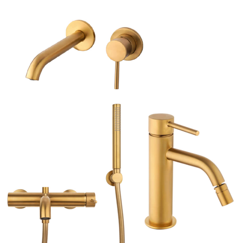 Set miscelatori gruppo vasca lavabo a parete e bidet con piletta click clack INCLUSA forma tonda oro spazzolato - Arcshop