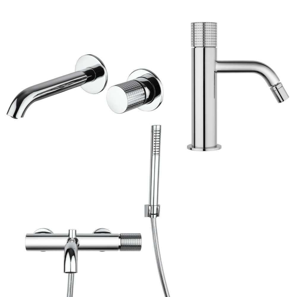 Set miscelatori lavabo a muro bidet e gruppo vasca con kit doccia Jacuzzi Rubinetteria Armonia Grip cromati per piletta click clack - Arcshop