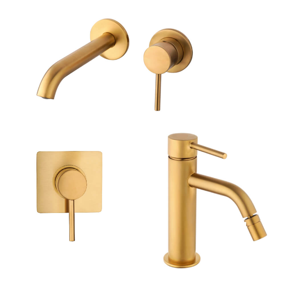 Set miscelatori incasso doccia una uscita lavabo a parete e bidet con piletta click clack INCLUSA forma tonda oro spazzolato - Arcshop